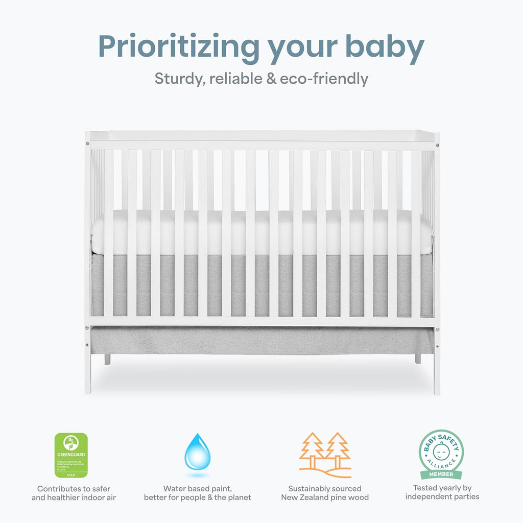 Dream On Me Synergy 5-in-1 Convertible Full-Size Baby Crib with Toddler, Day & Full Bed Conversion in White, GreenGuard Gold & BSA, 3 Mattress Heights, Sustainable Pinewood