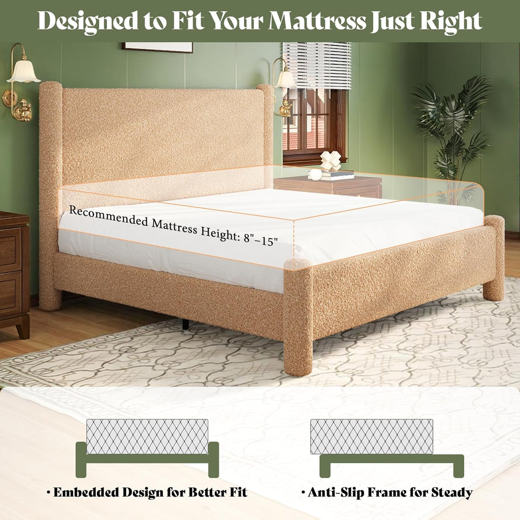 AMERLIFE Queen Boucle Cloud Upholstered Bed Frame with Cylinder Headboard, Modern Platform Structure, Sherpa Boucle Soft Design, No Box Spring Needed, Khaki