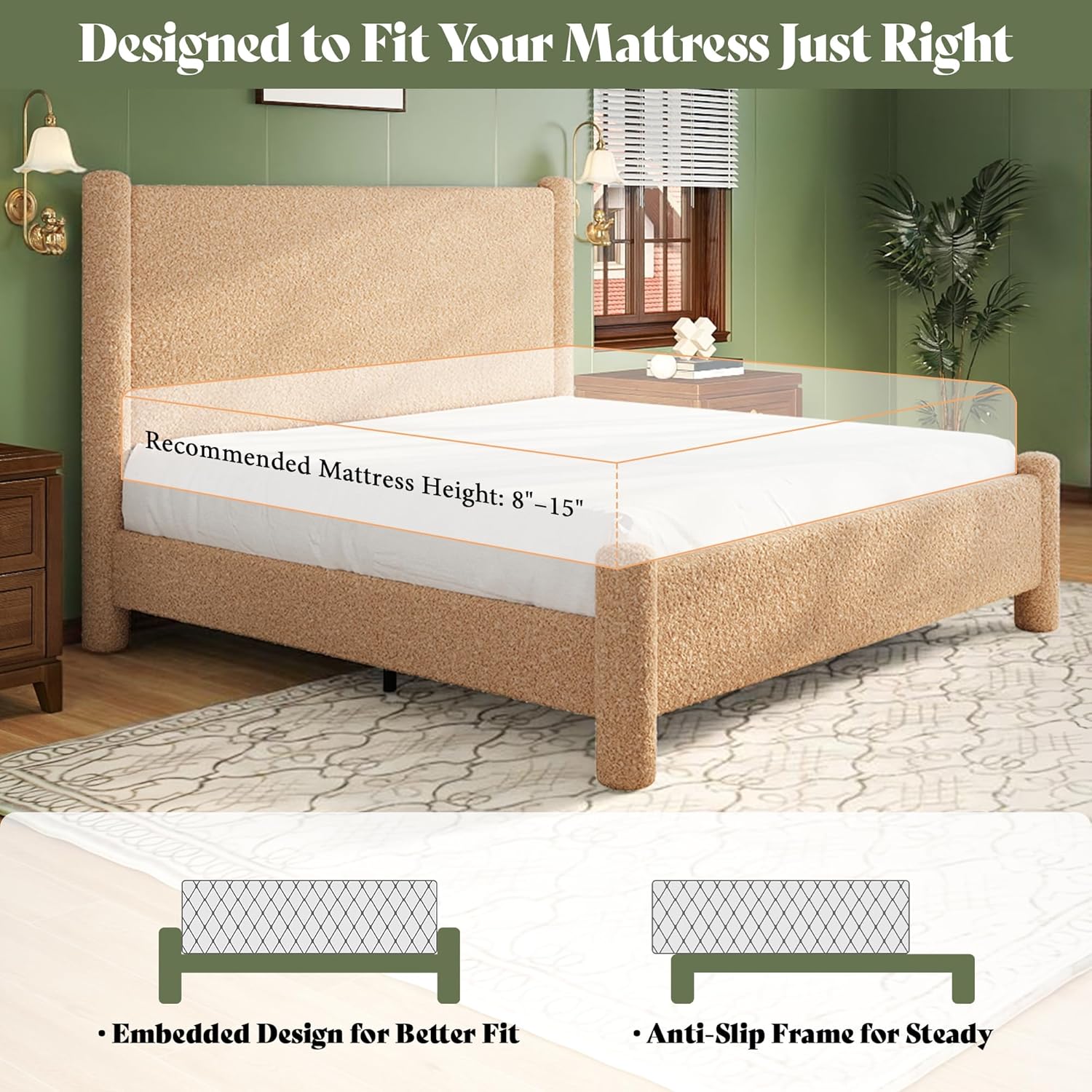 AMERLIFE Queen Boucle Cloud Upholstered Bed Frame with Cylinder Headboard, Modern Platform Structure, Sherpa Boucle Soft Design, No Box Spring Needed, Khaki