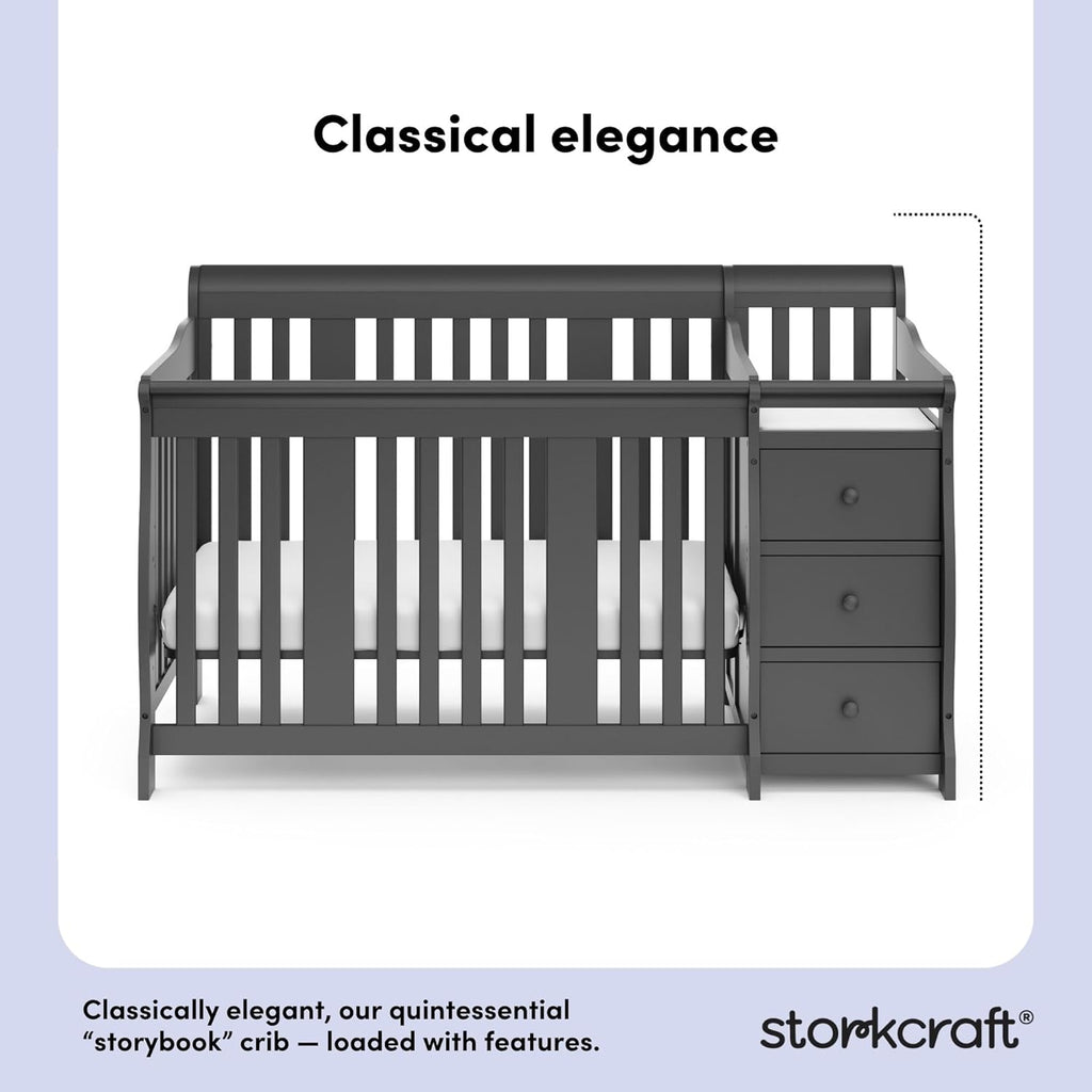 Storkcraft Portofino 5-in-1 Convertible Crib and Changer – Crib and Changing Table Combo with Drawer, Converts to Toddler Bed, Daybed and Full-Size Bed, Storage Drawer (Gray)
