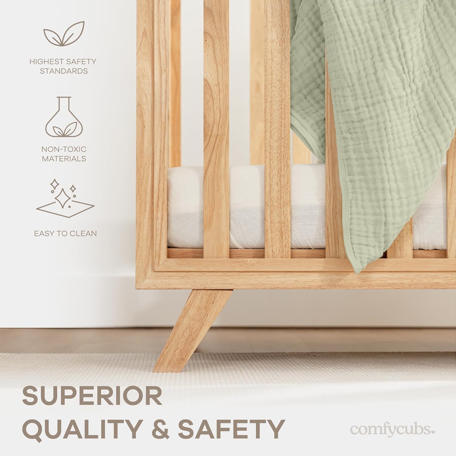 Comfy Cubs Baby Crib for 0 to 3 Years - Adjustable Mattress Height, Natural Wooden Crib for Baby, Elegant Nursery Furniture, Designed in The US - 80 lbs Capacity Nursery Bed - Natural Wood