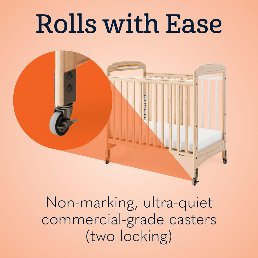 Foundations Serenity Compact Clearview Daycare Crib, Fixed Side, Durable Wood Construction, Adjustable Mattress Board, Clear End Panels. Includes 3” InfaPure Foam Mattress (Natural)