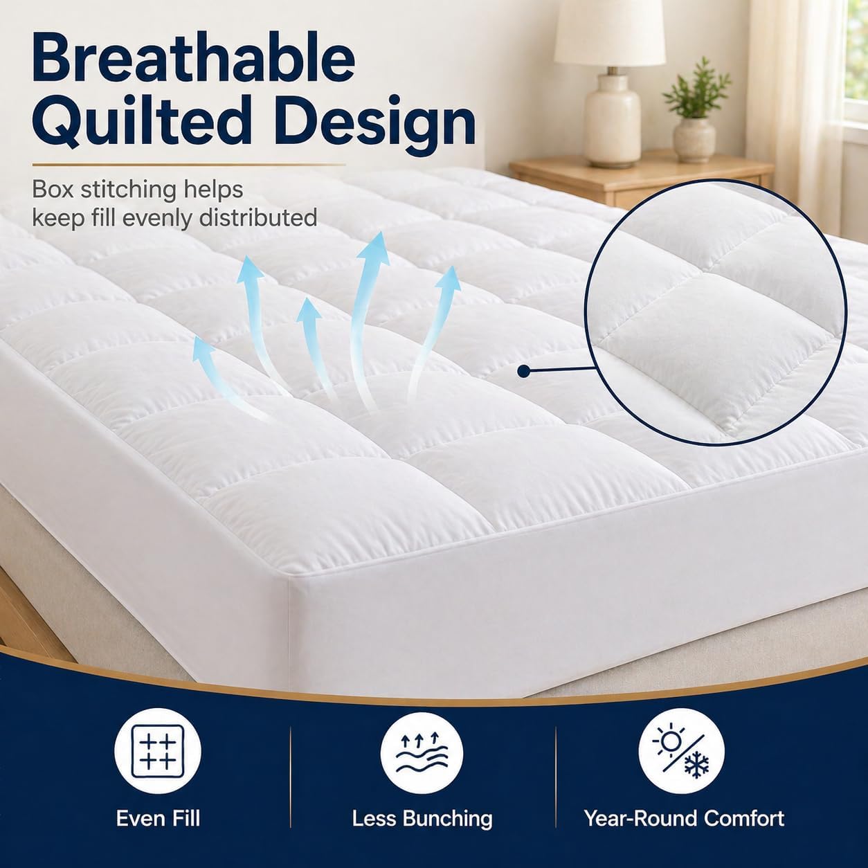 West Month Mattress Topper 1000gsm Premium Quilted, Mattress Cover with Deep Pocket Fits 8-21 Inch Mattresses, Breathable Fluffy Bed Topper for Soft Comfort (White,King)
