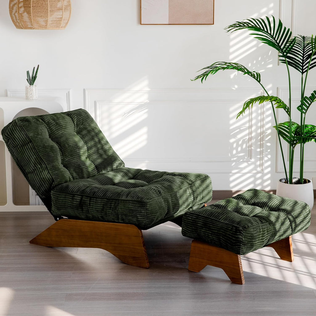 MAXYOYO Accent Chair with Ottoman Adjustable Backrest, Tufted Living Room Chair Upholstered Lounge Chair with Footrest Set, Modern Chair Cozy Reclining Chair for Reading Room, Green