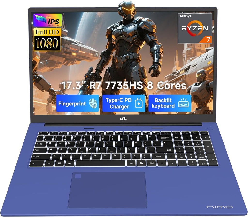 NIMO 17.3" Light-Gaming-Laptop, 8 Cores AMD Ryzen 7 7735HS 16GB RAM 512GB SSD (Beat i7-12650H Up to 4.75GHz) Radeon 680M 100W Fast PD FHD Backlit Keyboard for Content Creators & Student 2-Yr Warranty