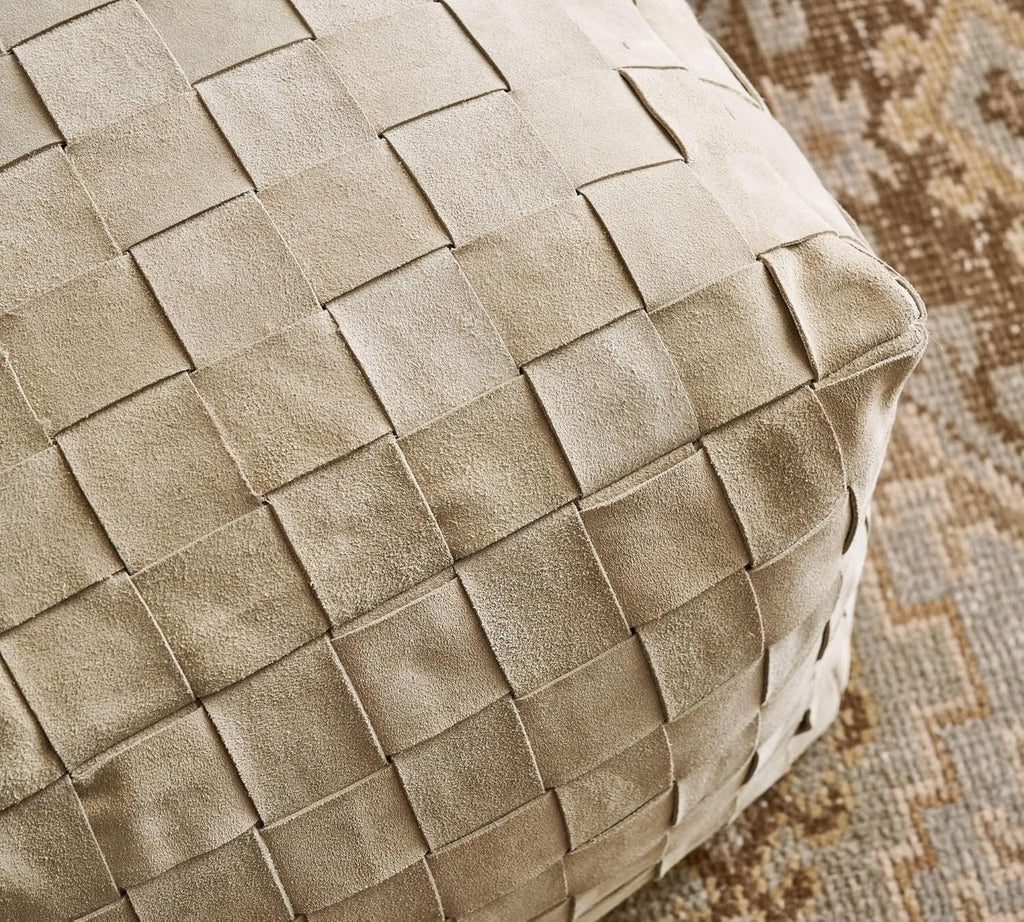 Luxury Handcrafted Suede Basketweave Pouf Ottoman – Soft & Durable Floor Cushion, Footrest, and Accent Seating for Living Room, Bedroom, & Office – Stylish Modern Home Décor (Stone, 18" x 18" x 14")