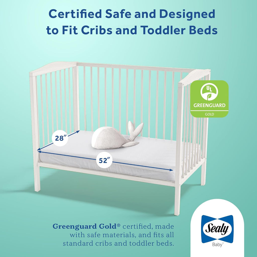 Sealy Baby Cozy Brilliance Breathable Crib Mattress, GREENGUARD GOLD Certified, Made in USA, Firm Dual Firmness, Toddler Bed Fit, Rayon, Waterproof, Non Toxic, Washable Zip Cover, 52” x 28
