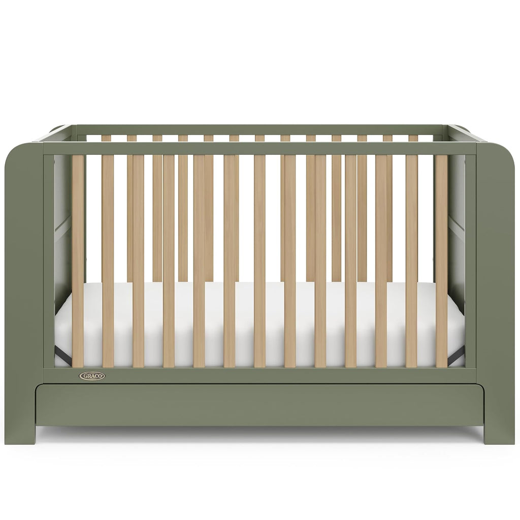 Graco Read-with-Me 4-in-1 Convertible Crib with Drawer - GREENGUARD Gold Certified Converts to Toddler Bed, Daybed, and Functional Bookshelves (Olive and Driftwood)