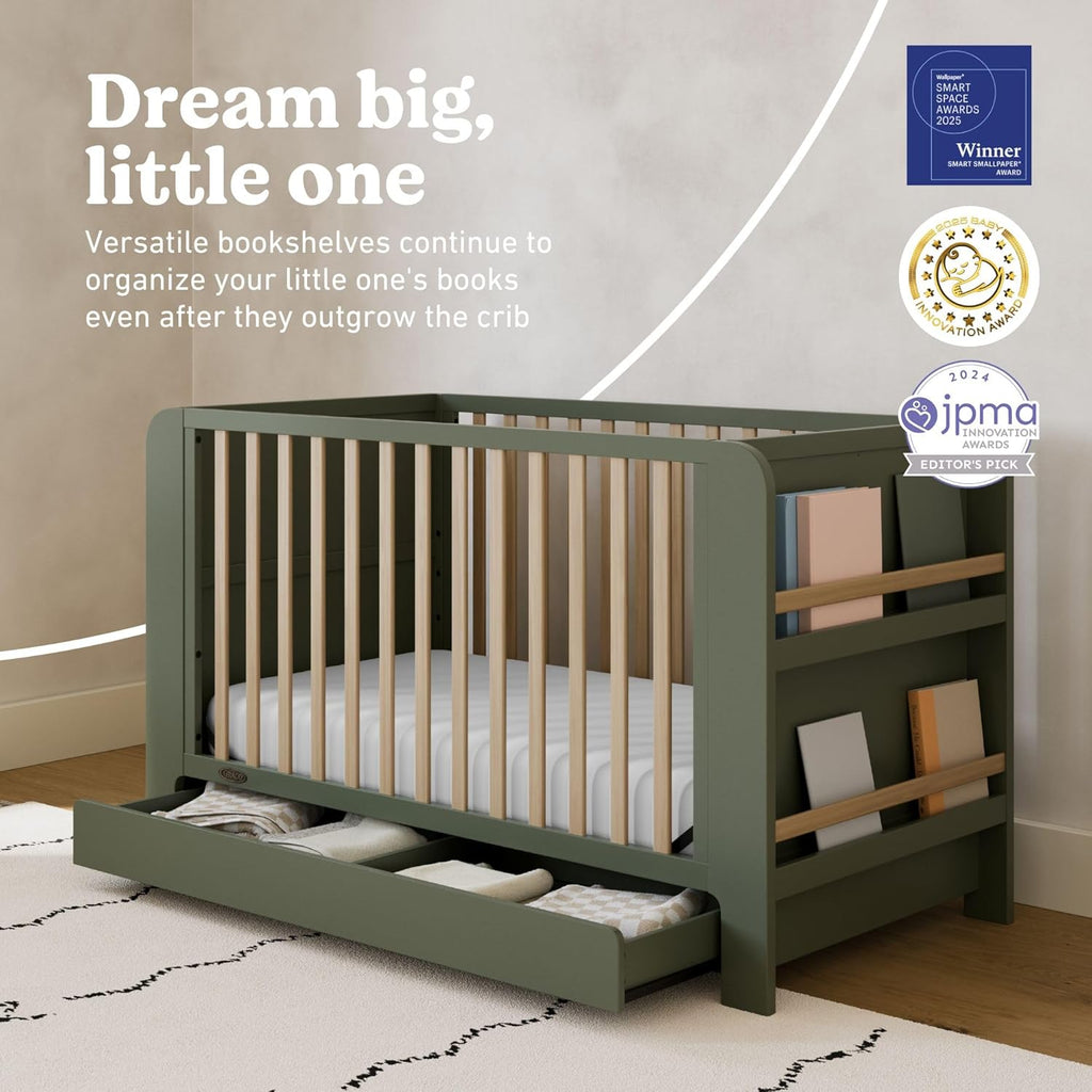 Graco Read-with-Me 4-in-1 Convertible Crib with Drawer - GREENGUARD Gold Certified Converts to Toddler Bed, Daybed, and Functional Bookshelves (Olive and Driftwood)
