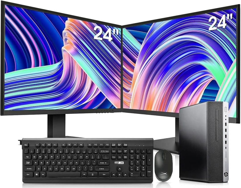 HP Elitedesk 800 G3 SFF Desktop PC - Intel i7-6700,32GB DDR4,1TB NVMe SSD + 2TB HDD, AX200 Wi-Fi 6,Dual 24-Inch Monitors, Wireless Keyboard and Mouse,Win 11 Pro (Renewed)