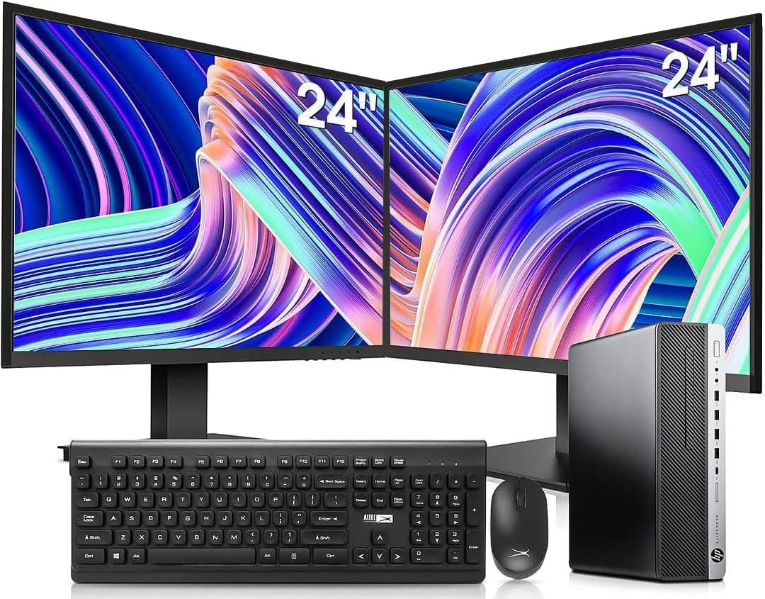 HP Elitedesk 800 G3 SFF Desktop PC - Intel i7-6700,32GB DDR4,1TB NVMe SSD + 2TB HDD, AX200 Wi-Fi 6,Dual 24-Inch Monitors, Wireless Keyboard and Mouse,Win 11 Pro (Renewed)