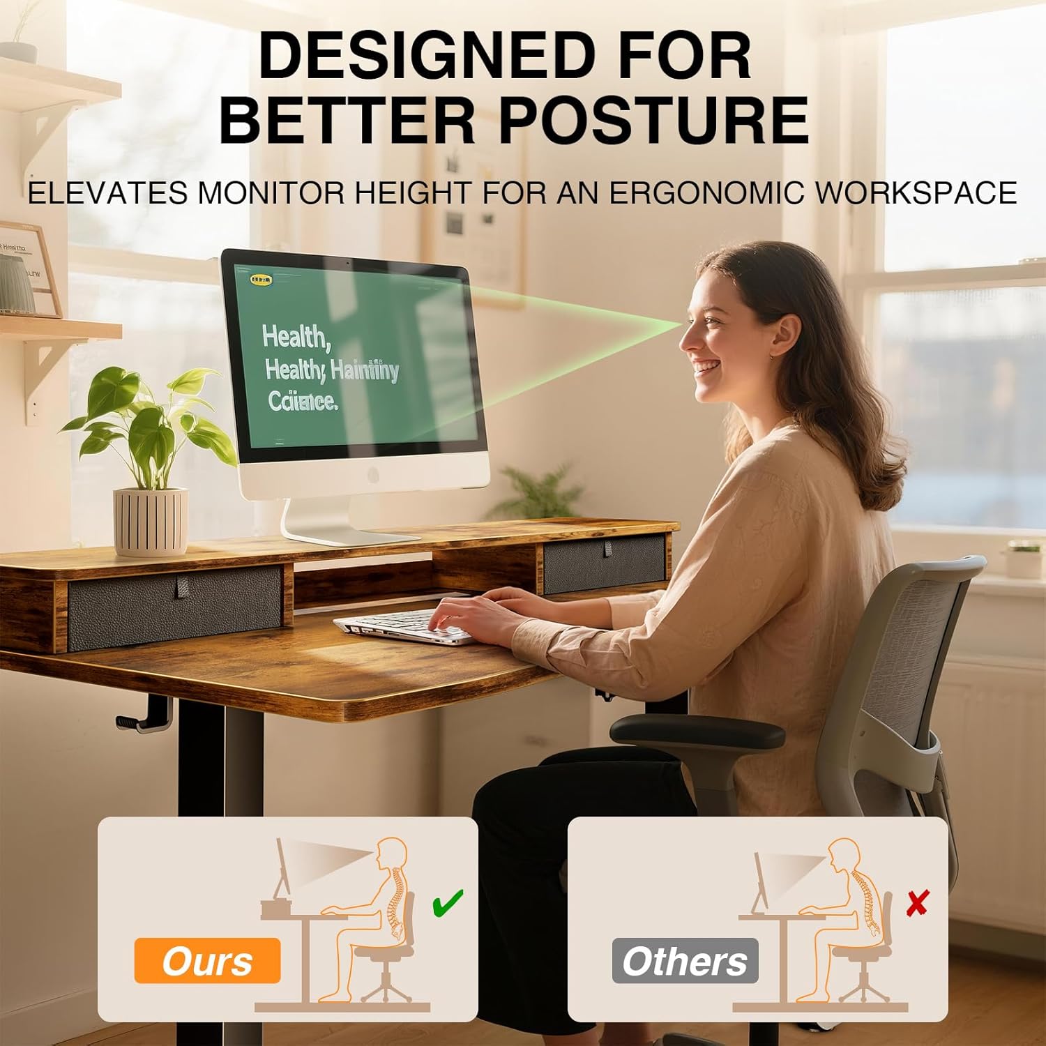 Veken 47.2"×27.6" Standing Desk with Storage Drawers, Adjustable Height Computer Table with Monitor Shelf, Home Office Desk for Study, Gaming, Workstation, Brown