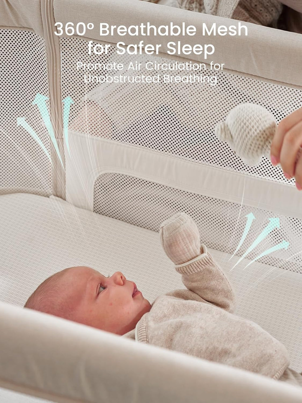 GROWNSY 5-in-1 Baby Bassinet Bedside Sleeper with Gentle Rocking Mode, 6 Adjustable Heights, Full Breathable Mesh, Convertible to Portable Crib, Bassinets with Mattress & Wheels, Beige