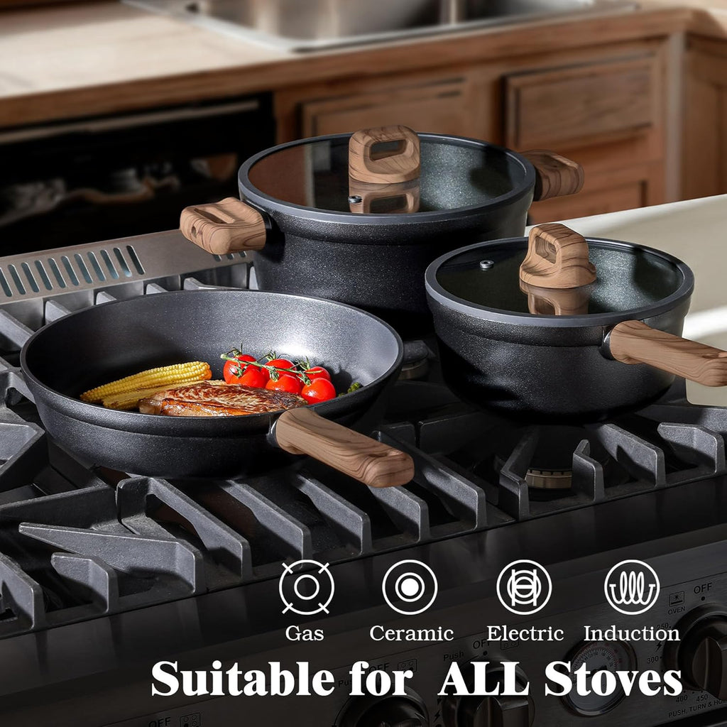 SENSARTE 20Pcs Nonstick Pots and Pans Set, Black Titanium Non Stick Cookware Set, Healthy Kitchen Cooking Set, Induction Compatible, Dishwasher Safe, PFOA/PFOS Free