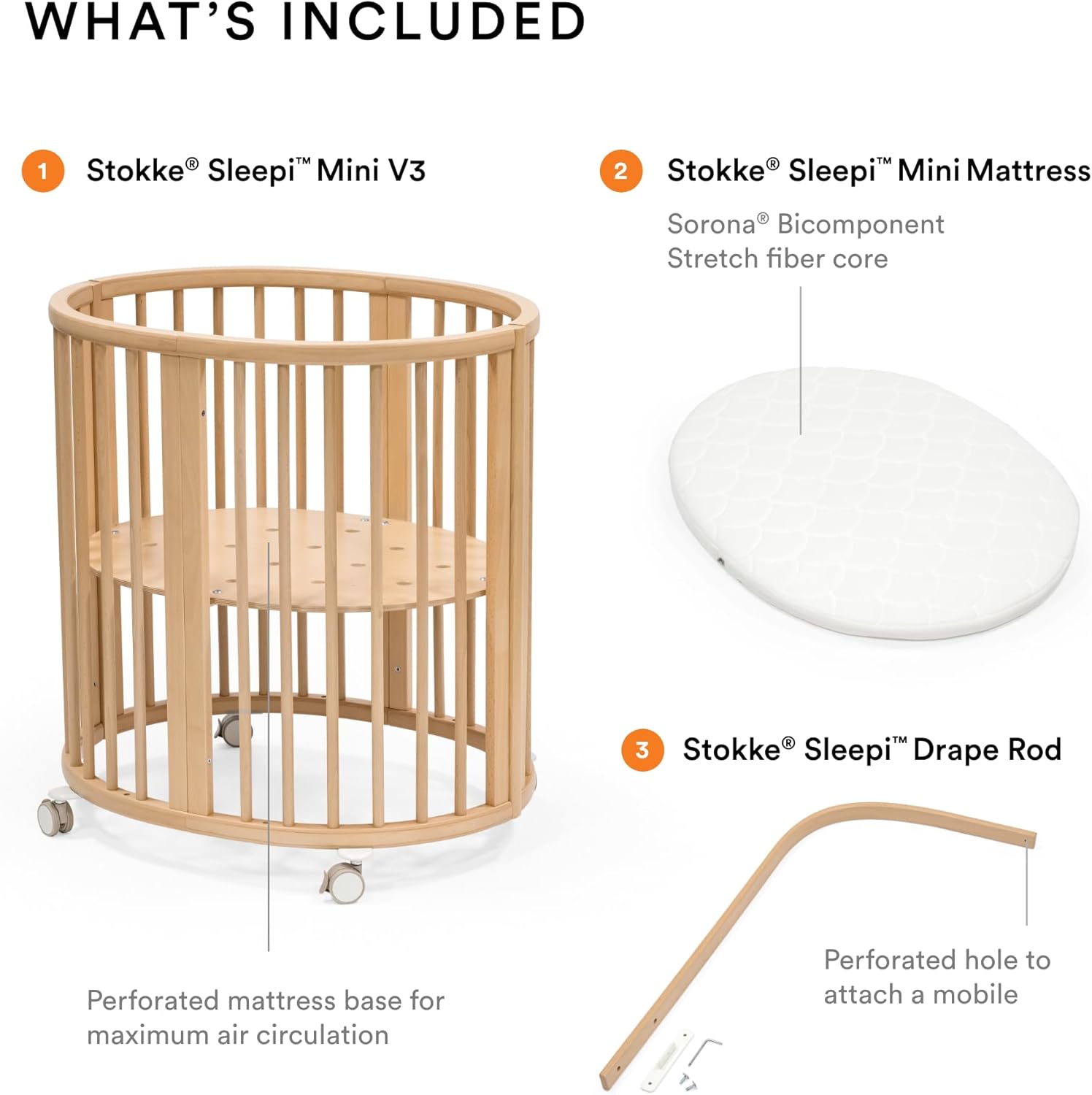 Stokke Sleepi Mini Bundle V3, Natural - Includes Sleepi Mini V3, Mattress & Drape Rod - Suitable for Ages 0-6 Months - Adjustable & Stylish