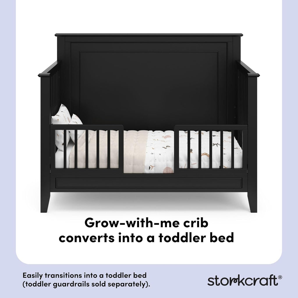 Storkcraft Solstice 5-In-1 Convertible Crib – GREENGUARD Gold Certified, Converts to Toddler Bed and Full-Size Bed, Fits Standard Full-Size Crib Mattress, Adjustable Mattress Support Base (Black)