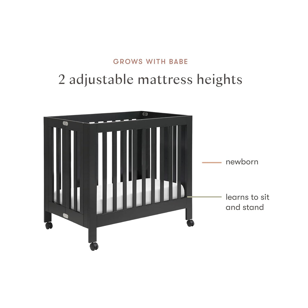 Babyletto Origami Mini Portable Folding Crib with Wheels in Black, 2 Adjustable Mattress Positions, Greenguard Gold Certified