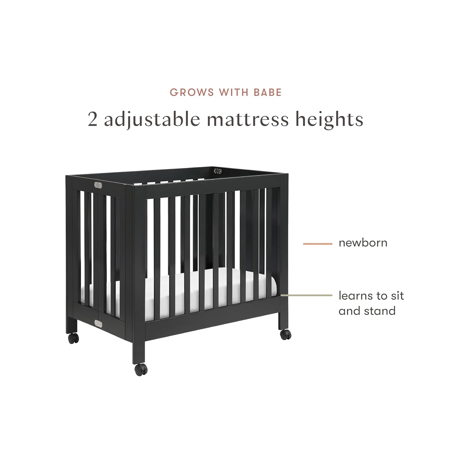Babyletto Origami Mini Portable Folding Crib with Wheels in Black, 2 Adjustable Mattress Positions, Greenguard Gold Certified