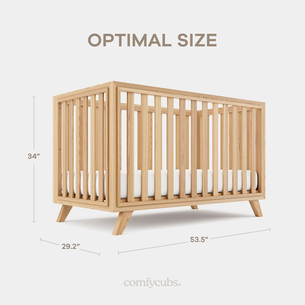 Comfy Cubs Baby Crib for 0 to 3 Years - Adjustable Mattress Height, Natural Wooden Crib for Baby, Elegant Nursery Furniture, Designed in The US - 80 lbs Capacity Nursery Bed - Natural Wood