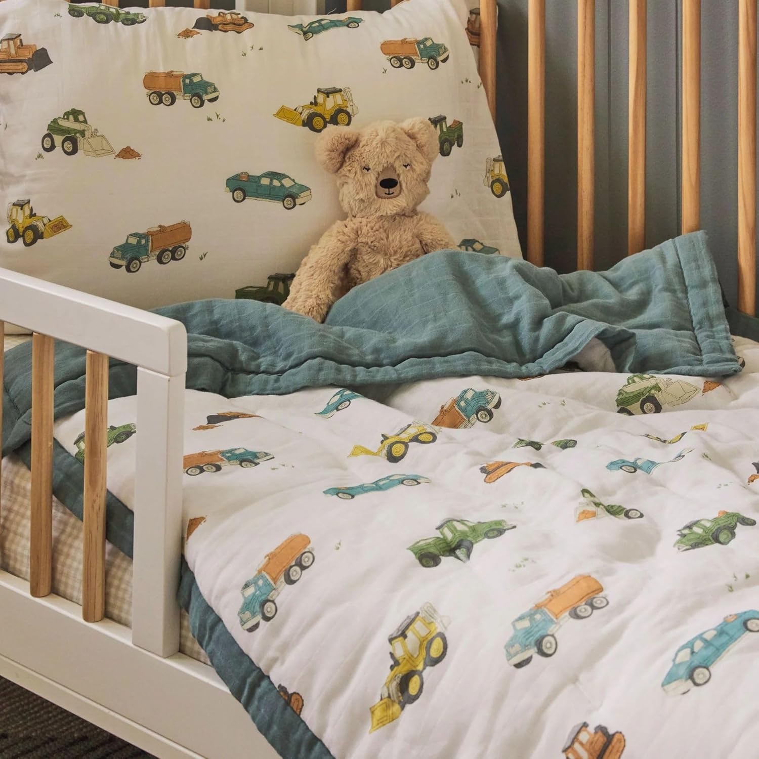 Little Unicorn Toddler Bedding 3-Piece Set | Includes Comforter, Crib Sheet & Pillowcase | Soft & Breathable Muslin Fabric | for Convertible Cribs & Toddler Beds (Work Trucks)