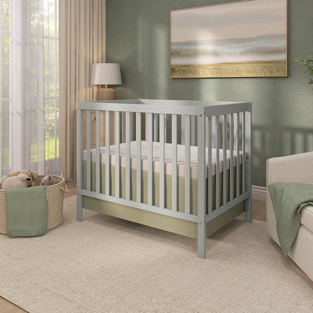 Dream On Me Edgewood 4-in-1 Convertible Mini Baby Crib in Cool Grey GreenGuard Gold & BSA, Non-Toxic, Compact 40×25×33″ Design, Converts to Mini Daybed & Twin Bed (Rails to Buy) 1″ Mattress Pad