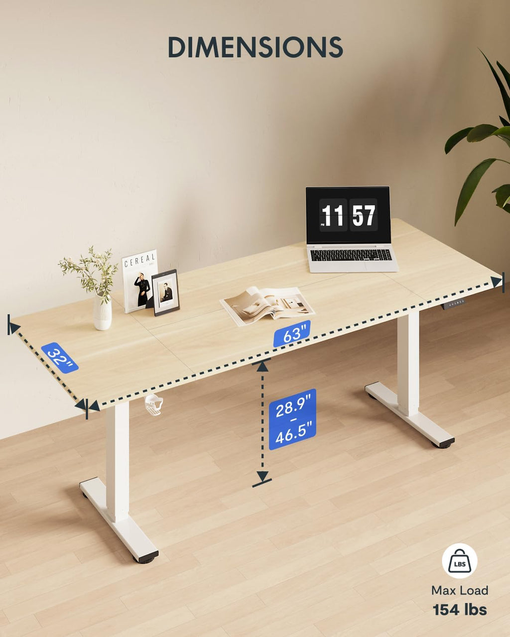 FLEXISPOT 63x32 Inch Electric Large Standing Desk for Home & Office, Spacious Splice Board Desk with Cable Management & Organizer, Cup Holder & Hook, White Wood Grain