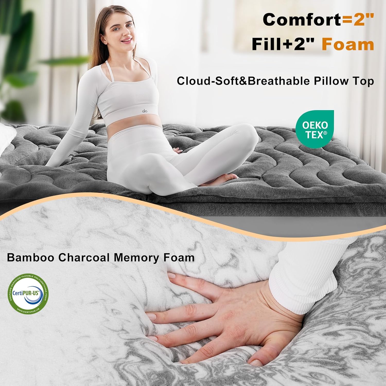HOMRELEXA Dual Layer 4 Inch Bamboo Memory Foam Mattress Topper Queen Size, 2 Inch Thick Soft Quilted Pillow Top Cover Plus 2 Inch Charcoal Gel Memory Foam Mattress Pad for Back Pain Relief