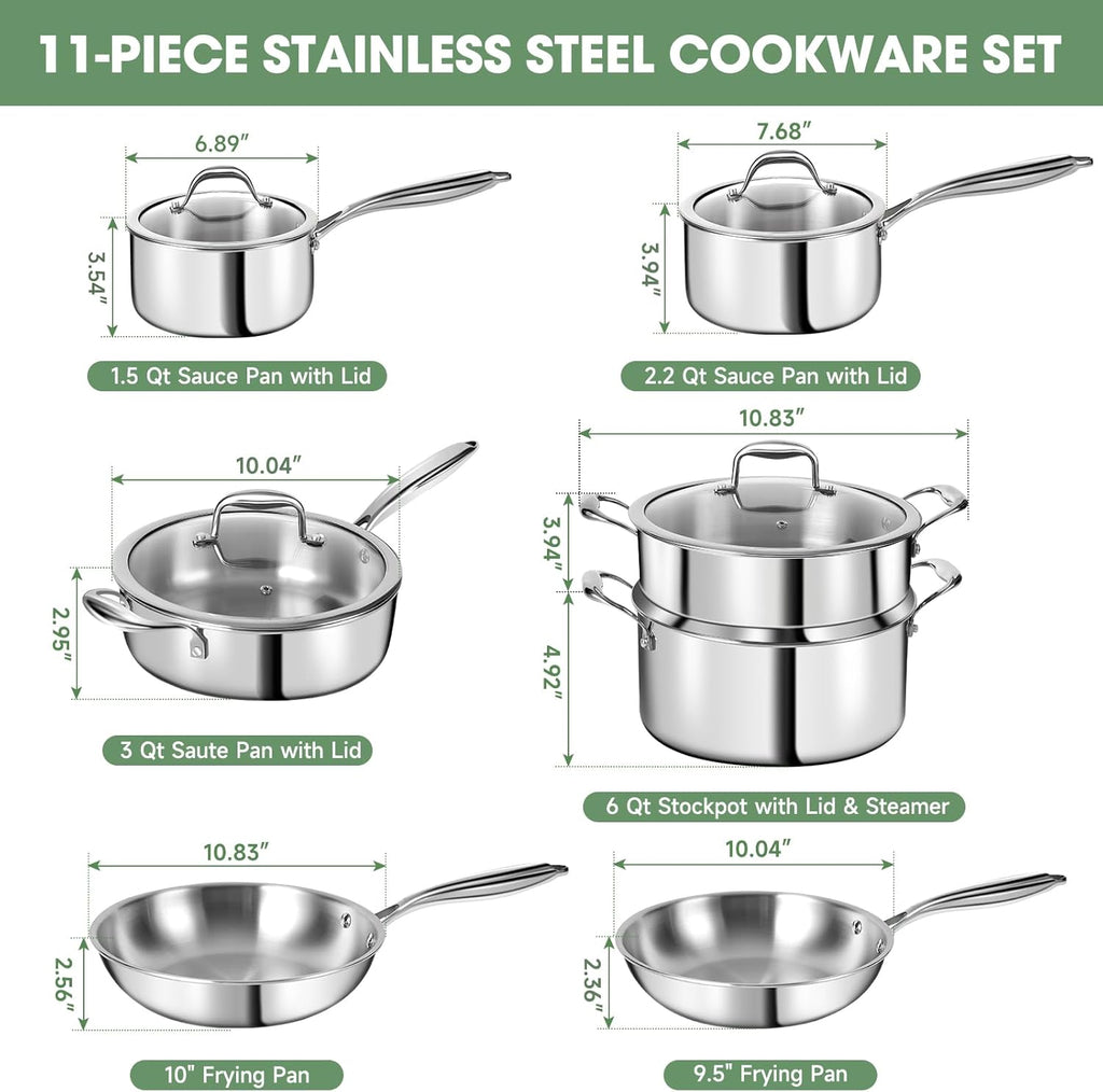 3 Ply Stainless Steel 11-Piece Cookware Set with Lids, Pots and Pans Kitchen Set, Non-Toxic, Induction, Oven, Dishwasher Safe, Professional Chef Quality