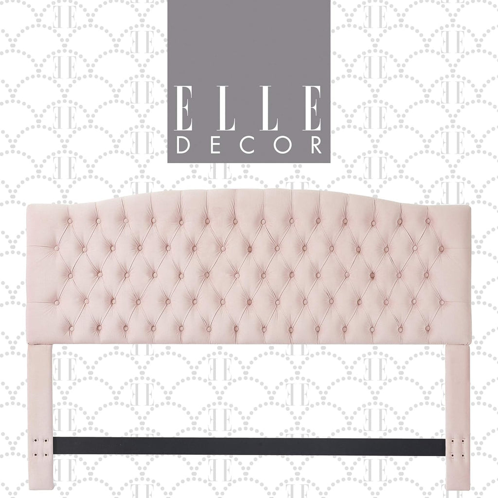 Elle Decor Celeste Tufted Upholstered Padded Headboard with Contemporary Button Tufting, Soft Linen-Textured Fabric, Queen Size, Blush Pink Velvet