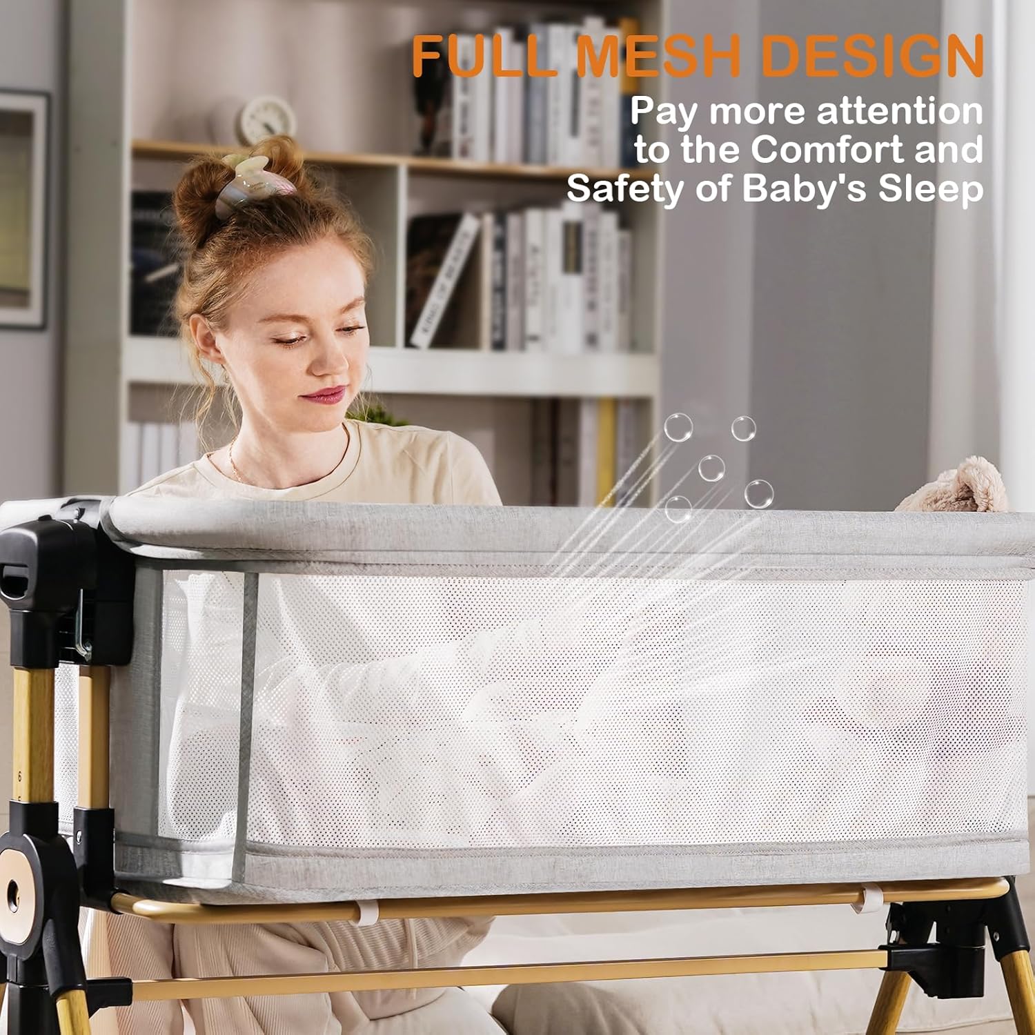 3 in 1 Baby Bassinet,Bedside/Rocking Bassinet for Baby,Bedside Crib with Lockable Wheels,Waterproof Mattress,Adjustable 6 Heights,Portable Bassinets Bedside Sleeper for Newborn Infant