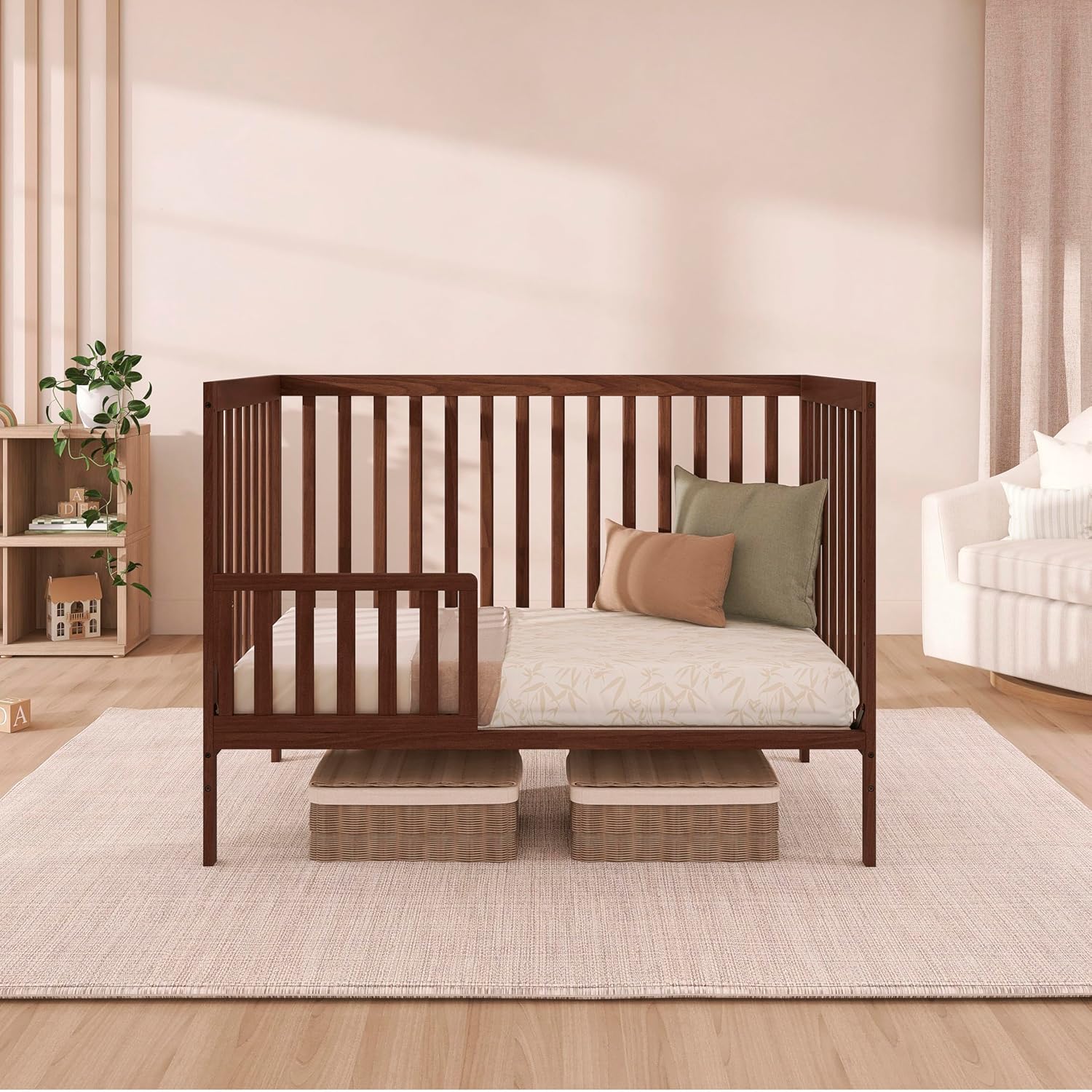 Dream On Me Synergy 5 in 1 Convertible Crib in Walnut Brown, Greenguard Gold and JPMA Certified, Converts from A Baby Crib to A Toddler Bed, A Daybed and Full-Size Bed