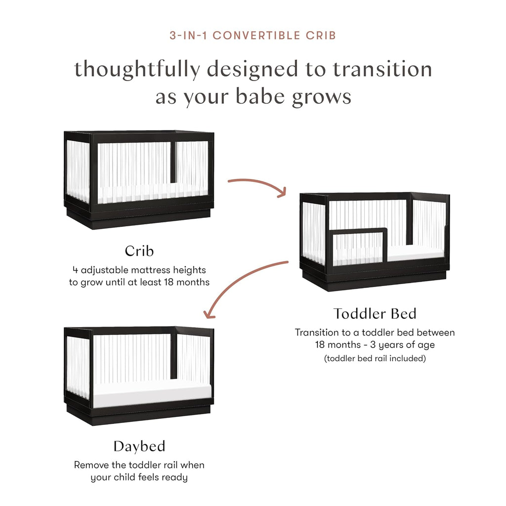 Babyletto Harlow Acrylic 3-in-1 Convertible Crib with Toddler Bed Conversion Kit in Black with Acrylic Slats, Greenguard Gold Certified