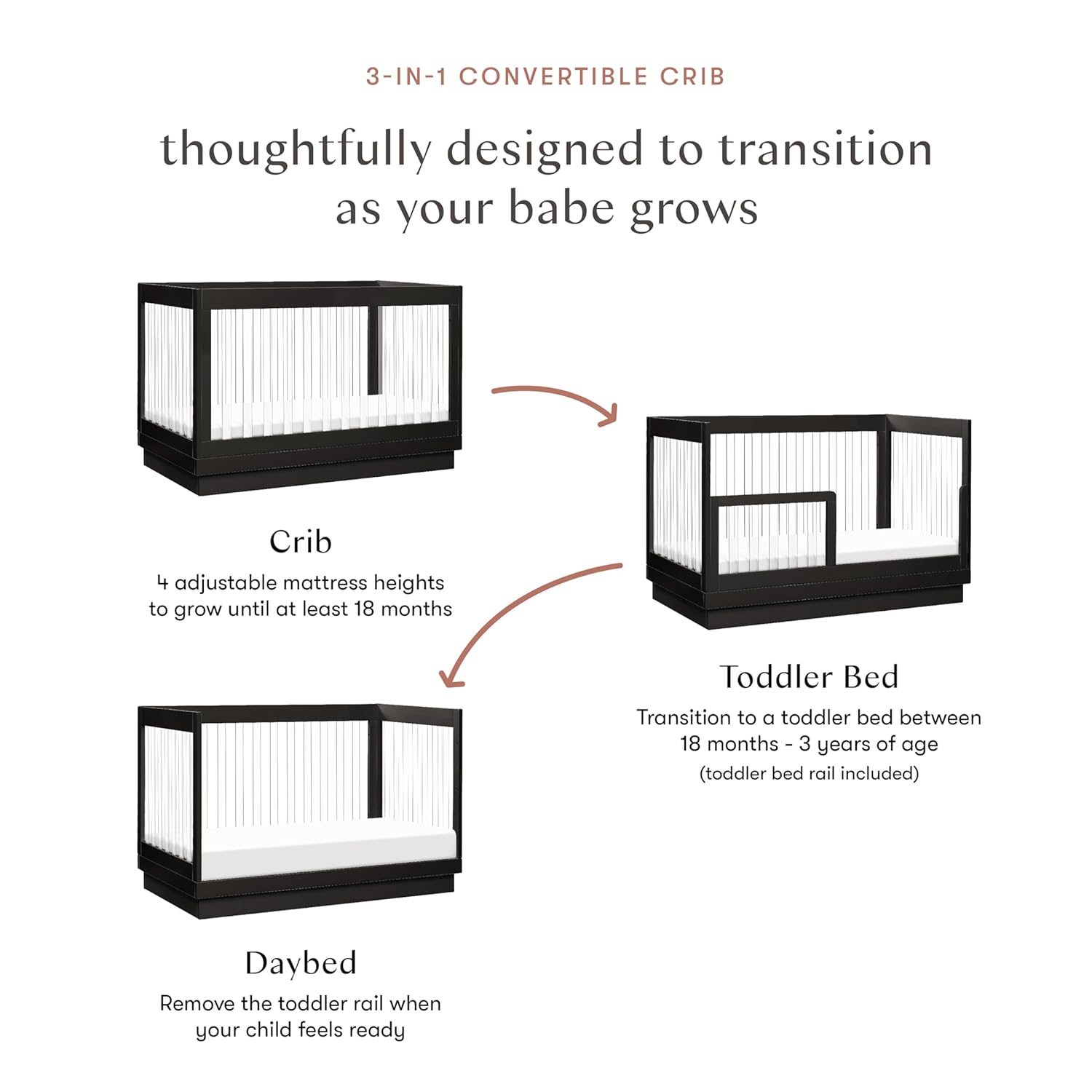 Babyletto Harlow Acrylic 3-in-1 Convertible Crib with Toddler Bed Conversion Kit in Black with Acrylic Slats, Greenguard Gold Certified