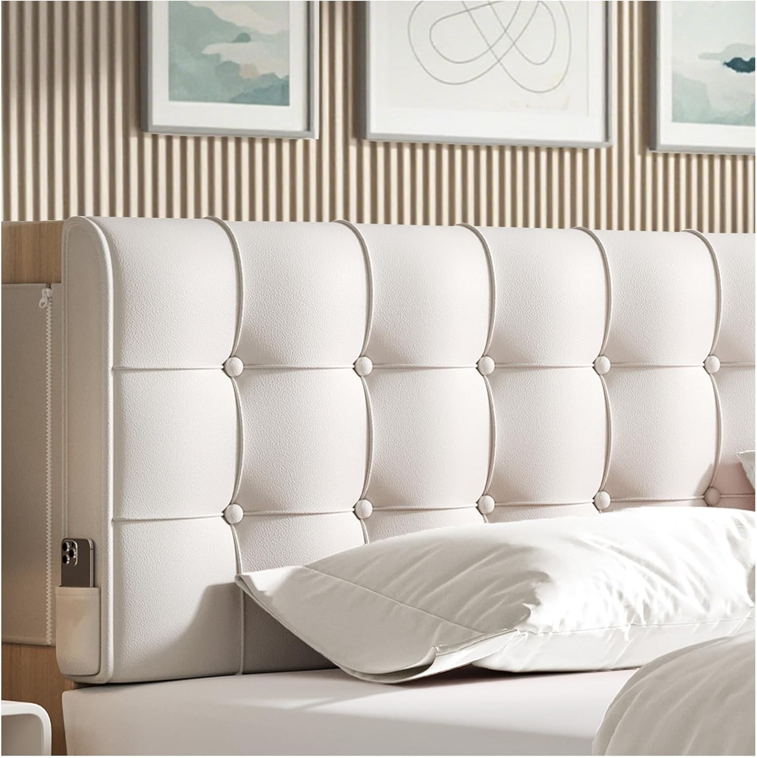 Upholstered Wall Mounted Headboard Queen Size with Removable Beige Cushion Peel and Stick Headboard Cover Soft Backrest for Dorm Bed Frame Bedroom Decor Washable Adhesive Head Board (Queen,Beige)