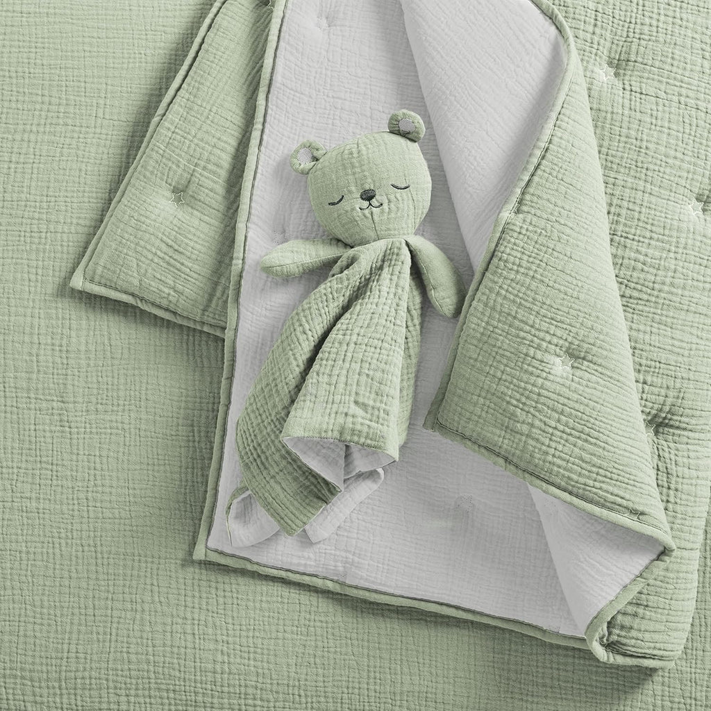 Levtex Baby - Cloud Muslin Crib Bed Set - Baby Nursery Set - Sage and White Stars - Sage Textured Muslin - 5 Piece Set Includes Quilt, Fitted Sheet, Two Swaddles & Bear Lovey