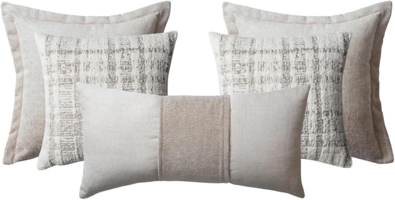 Decorative Throw Pillow Covers, Set of 5, Premium Woven Jacquard Textured Cushion Covers for Sofa & Bed, Modern Living Room Décor, Borla & Argos, Beige