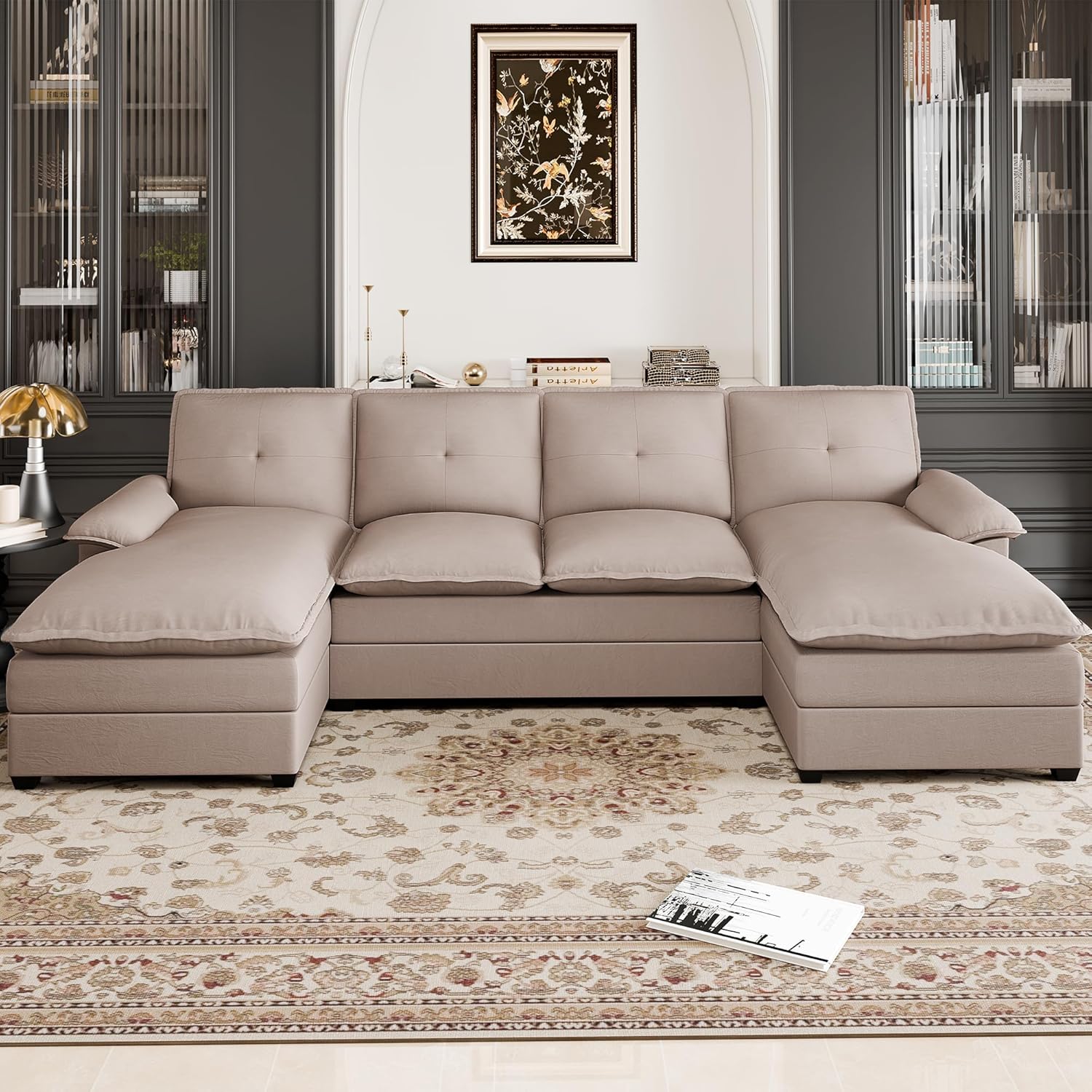 110" Sectional Couches for Living Room,4 Seat U Shape Modular Couch with Thick Cushion & Soft Backrest,Upholstered Sofa Couch with Double Chaise,Beige