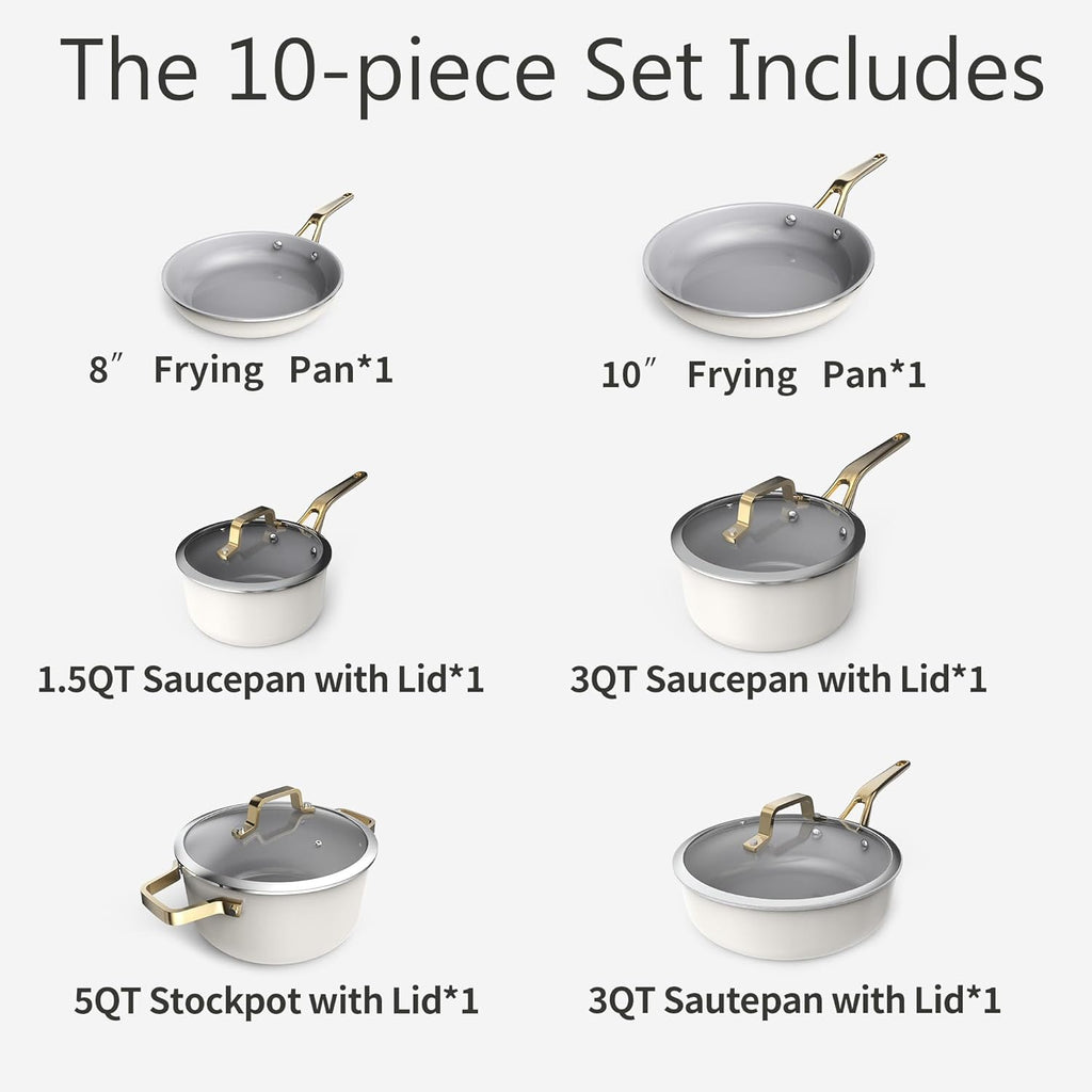 Ceramic Nonstick 10pc Cookware Pots and Pans Set,PFAS & PFOA Free, Dishwasher &Oven Safe, All Stovetop Compatible（electric,gas,induction), Tempered Glass Lids, Stay-Cool Handles for even heat.