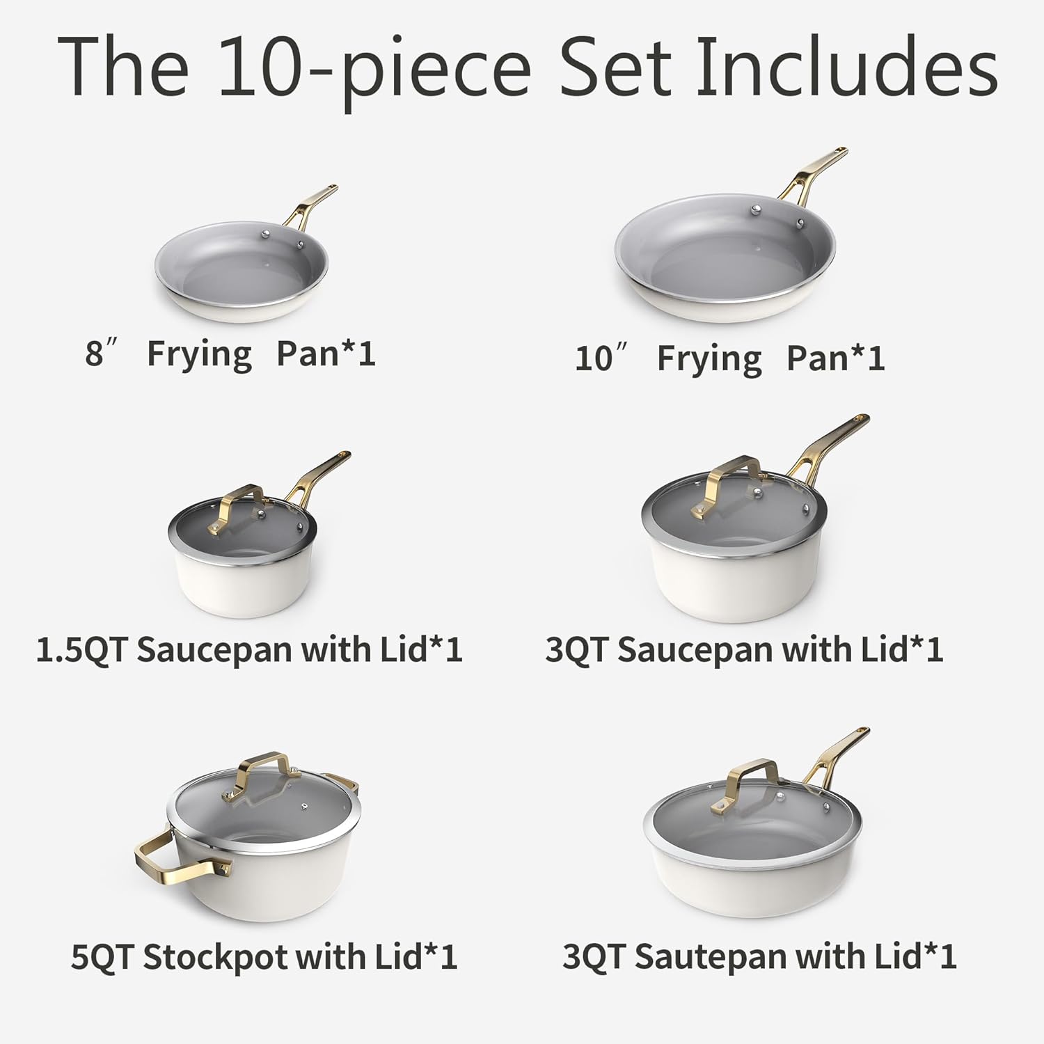 Ceramic Nonstick 10pc Cookware Pots and Pans Set,PFAS & PFOA Free, Dishwasher &Oven Safe, All Stovetop Compatible（electric,gas,induction), Tempered Glass Lids, Stay-Cool Handles for even heat.