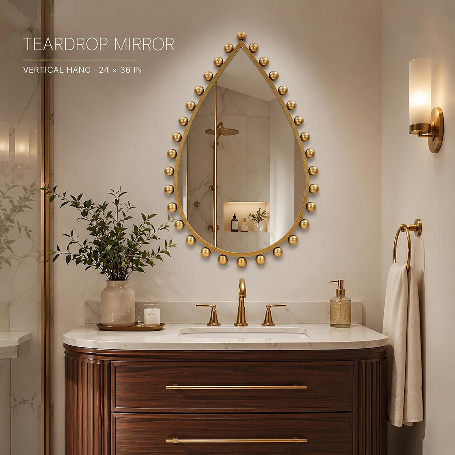 Antique Gold Teardrop Mirror Unique with Ball Frame – 24"x36" Beaded Large Decorative Ornate Wall Mirror for Bathroom, Bedroom, Living Room, Hallway