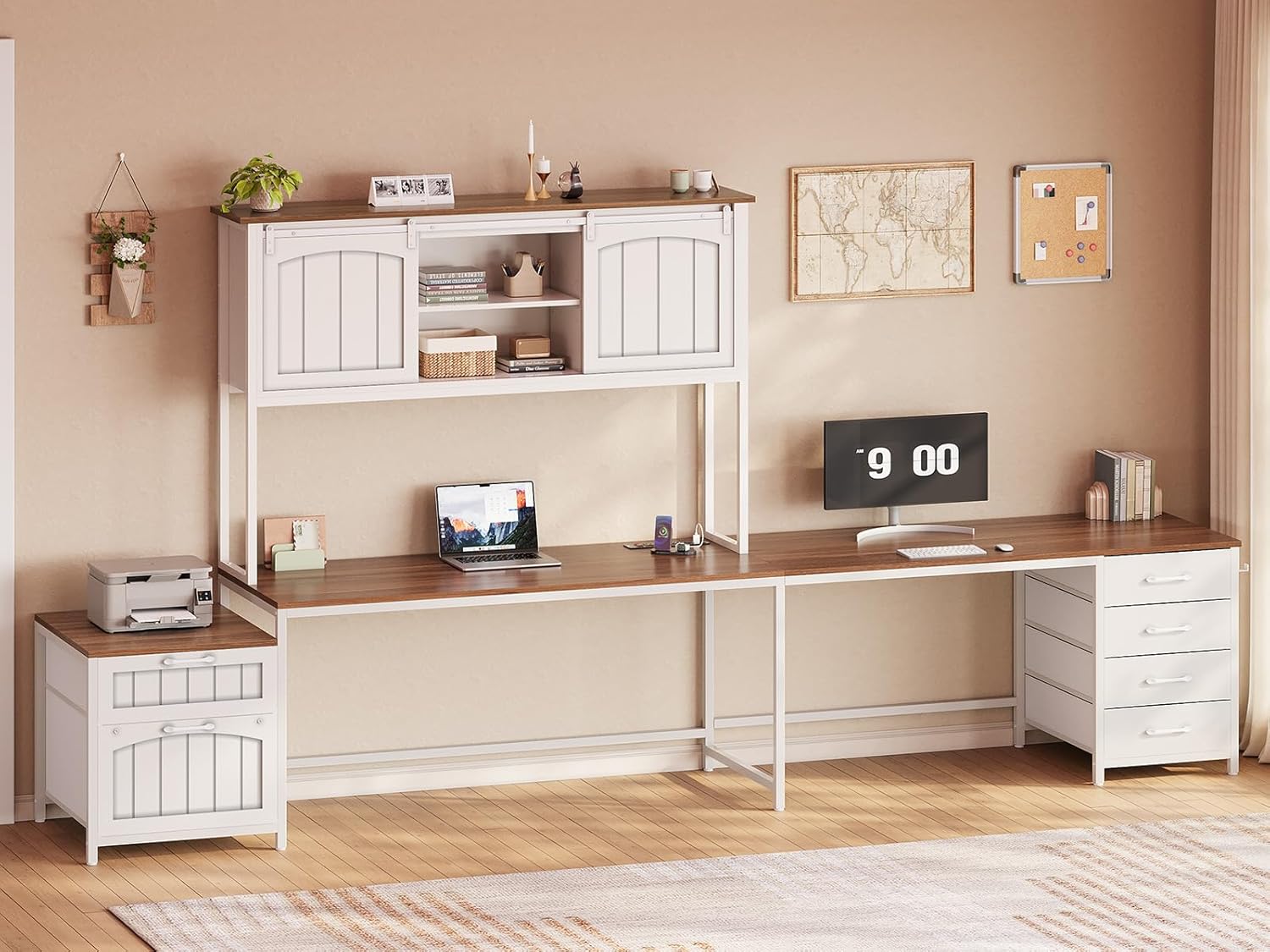 SEDETA Farmhouse L Shaped Office Desk with 6 Drawer, Reversible Computer Desk with Power Outlet, Hutch for Home Office/Two Person, Corner Desk with File Drawer & Printer Storage Shelves, White