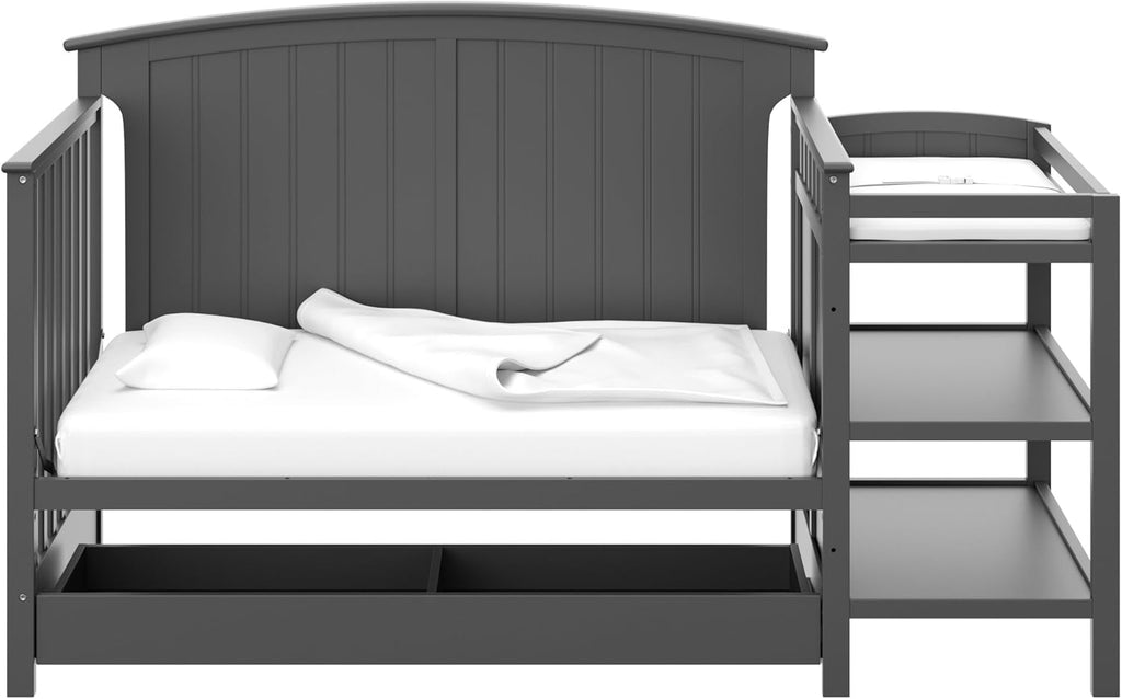 Storkcraft Steveston 5-in-1 Convertible Crib & Changer – GREENGUARD Gold Certified, Fits Standard Crib Mattress, Converts to Toddler Bed and Full Bed, 4 Adjustable Mattress Heights (Gray)