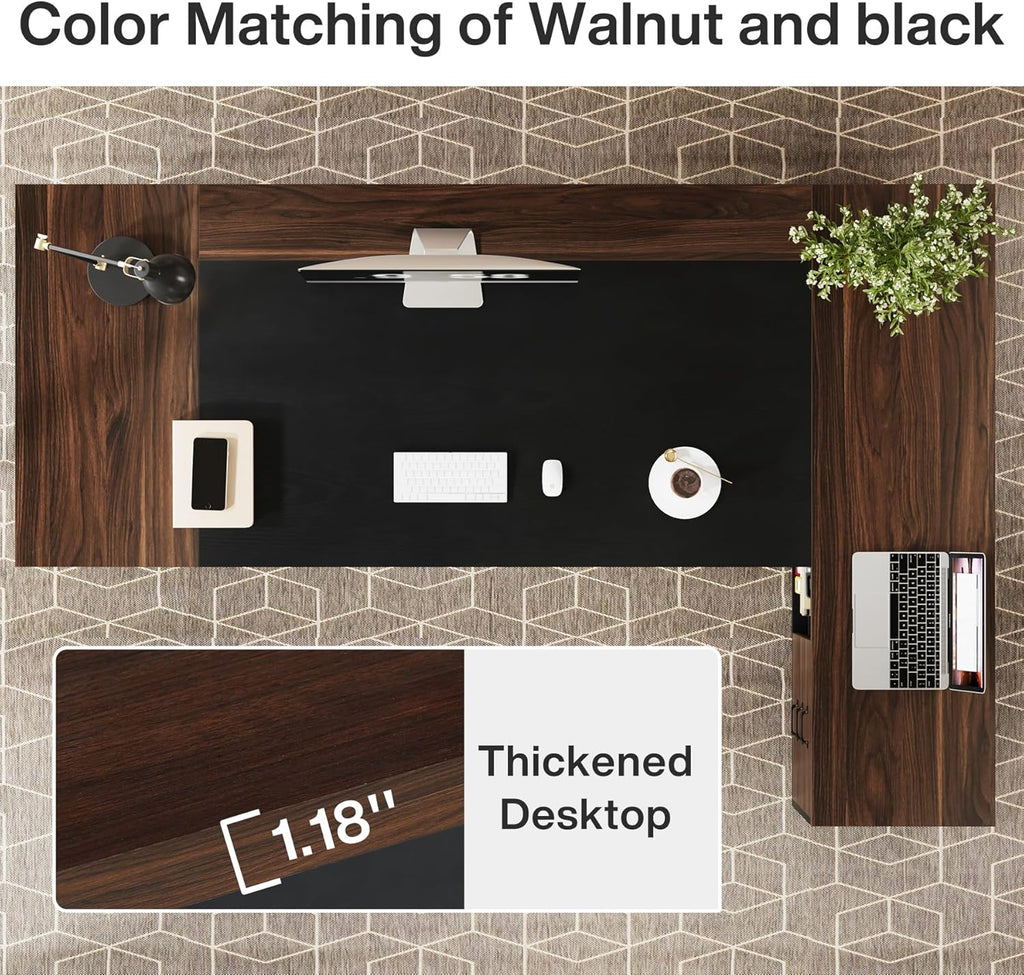 Tribesigns 78" L-Shaped Executive Desk, Large Office Desk with Drawers and File Cabinet, Modern Business Furniture for Home Office (Walnut & Black)