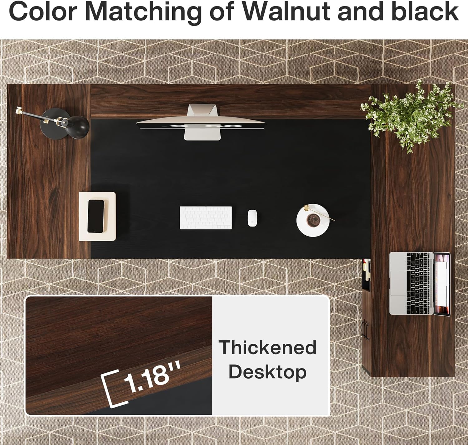 Tribesigns 78" L-Shaped Executive Desk, Large Office Desk with Drawers and File Cabinet, Modern Business Furniture for Home Office (Walnut & Black)