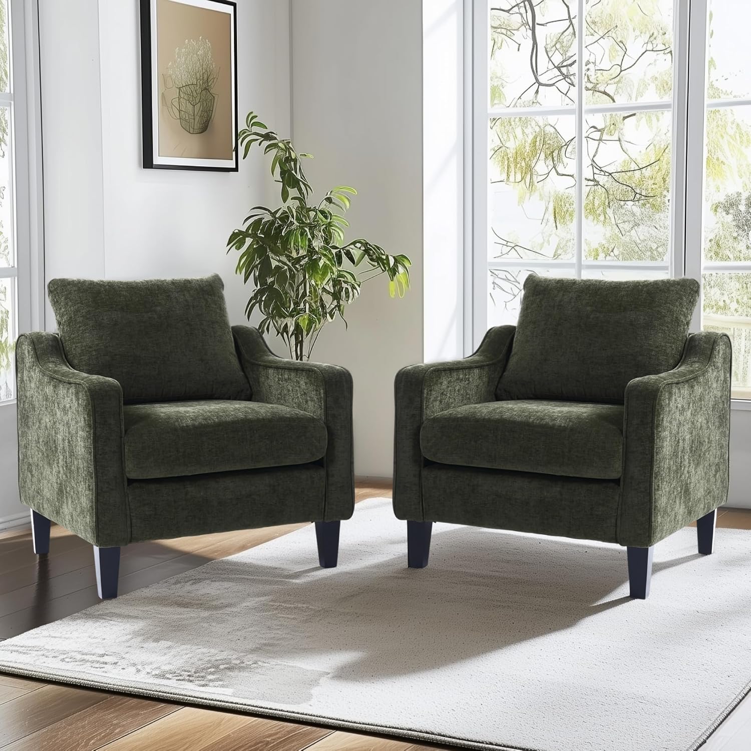 FLEXISPOT AC2 Accent Chairs Set of 2, Mid Century Modern Chenille Upholstered Armchairs with Padded Back, Comfy Reading Chairs for Living Room, Bedroom, Office & Small Spaces, Green