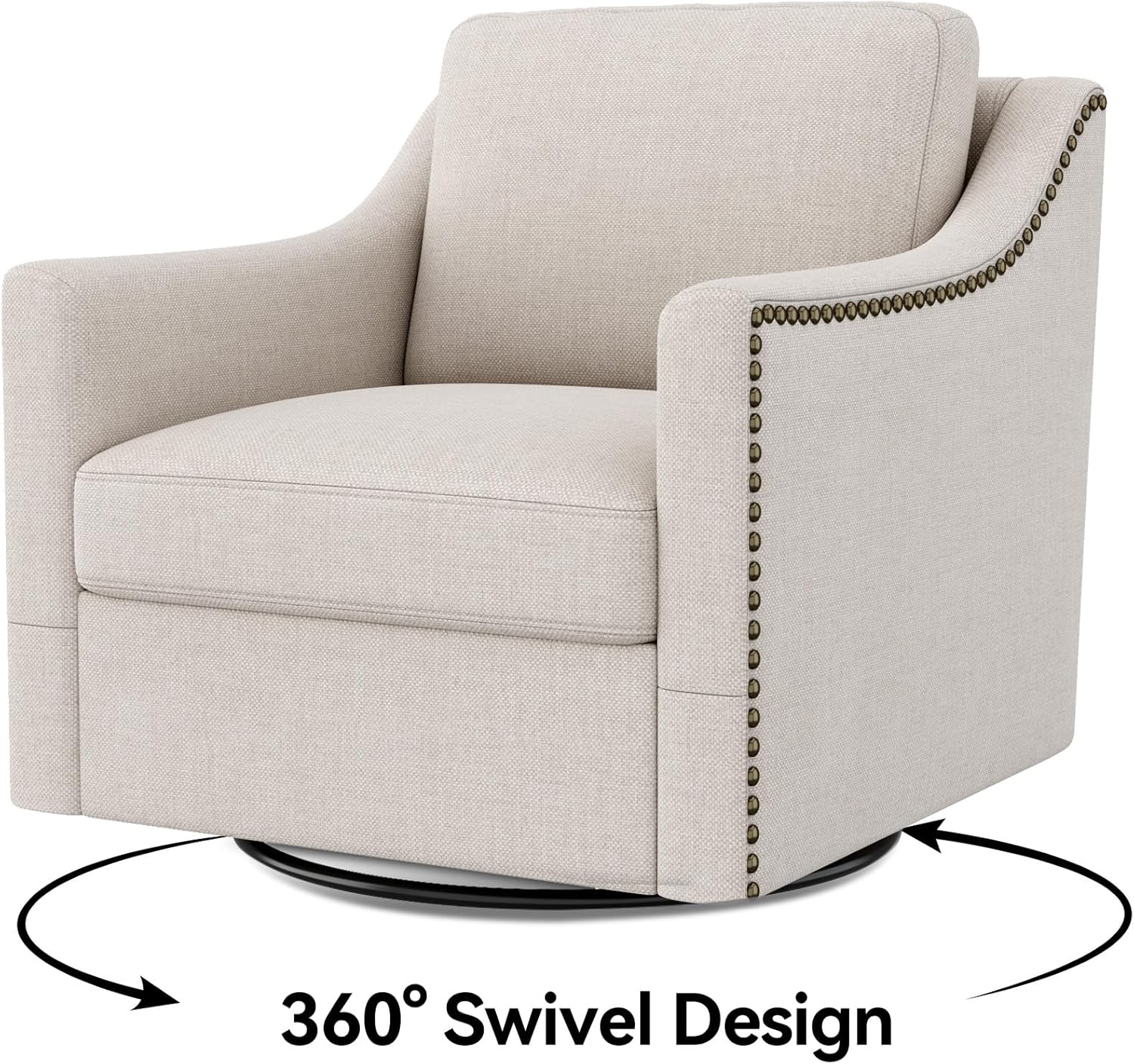 Swivel Accent Chair Set of 2, Modern Comfy Linen Upholstered Barrel Armchair with Nailhead Decor and Metal Base, Soft Oversized Round Chair for Living Room, Bedroom, Club (2, Beige)