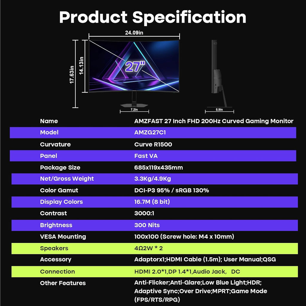 Amzfast 27 inch 200Hz Curved Gaming Monitor, FHD 1080p with Built-in Speakers, FreeSync, MPRT 1ms, 130% sRGB, 3000:1, 1500R, VESA Mount, HDMI 2.0&DP 1.4, 12 Months Warranty Exchange