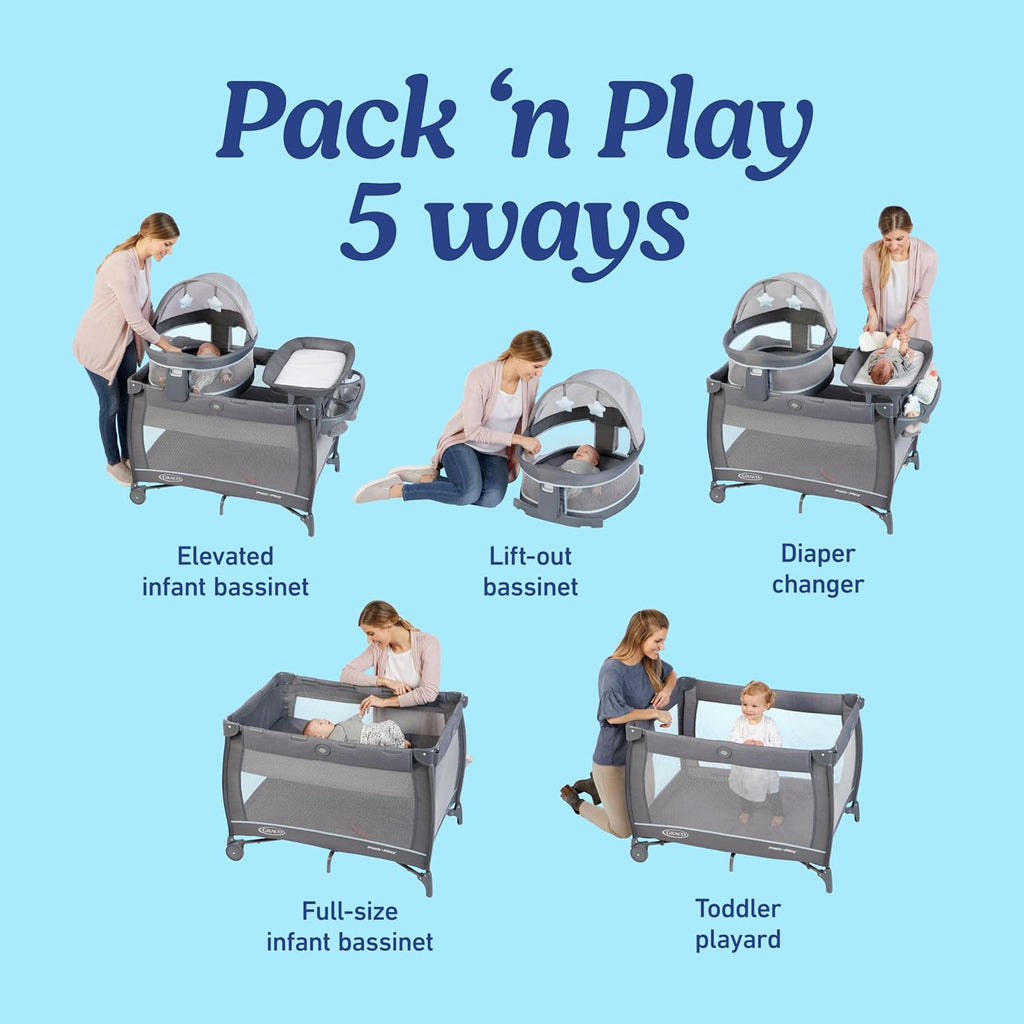 Graco® Pack n Play Dome LX Playard with Baby Bassinet Lightweight Portable Crib Push-Button Fold Travel Crib Redmond Convertible