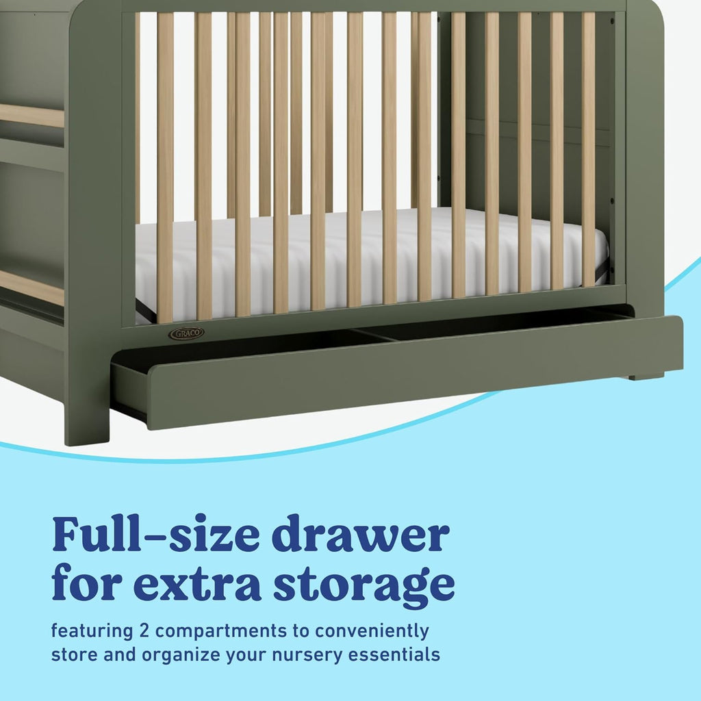 Graco Read-with-Me 4-in-1 Convertible Crib with Drawer - GREENGUARD Gold Certified Converts to Toddler Bed, Daybed, and Functional Bookshelves (Olive and Driftwood)