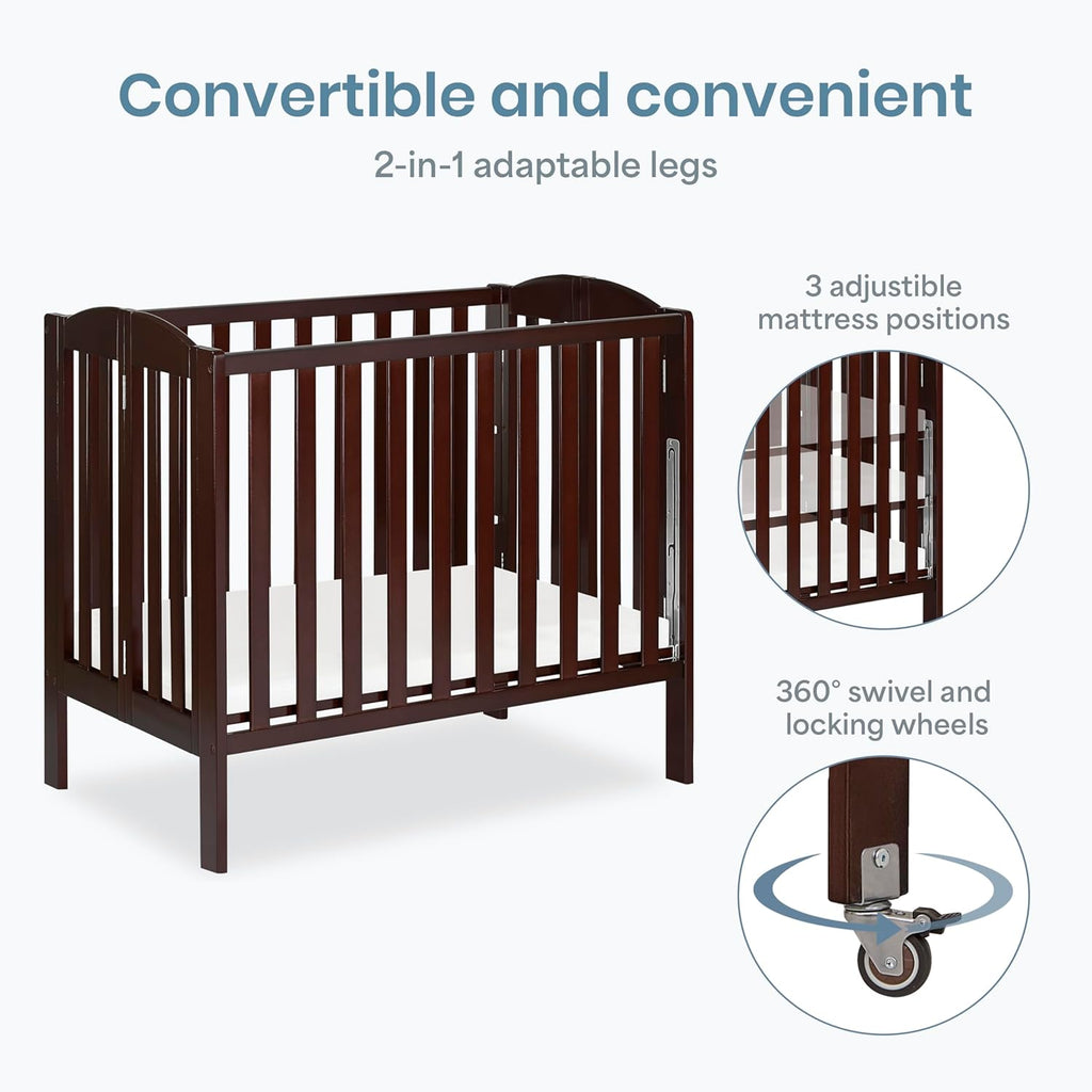 Dream On Me 3-in-1 Portable Folding Stationary Side Mini Baby Crib in Espresso & Mattress, GreenGuard Gold & JPMA, Use as Changer & Playpen, Locking Wheels, 3 Mattress Heights, Extra Firm Mattress